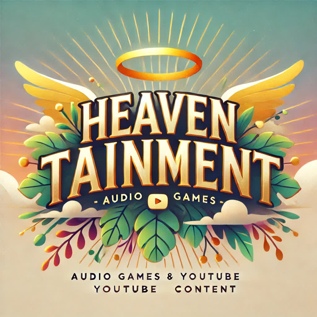 The logo of Heaven Tainment features stylized, shiny golden letters spelling the name, with a simple golden halo floating above. The background includes soft, abstract elements such as bright rays of light, gentle clouds, and hints of colorful flowers or plants in green, blue, purple, and gold. The design is harmonious and inviting, blending a spiritual ambiance with creative, nature-inspired accents.